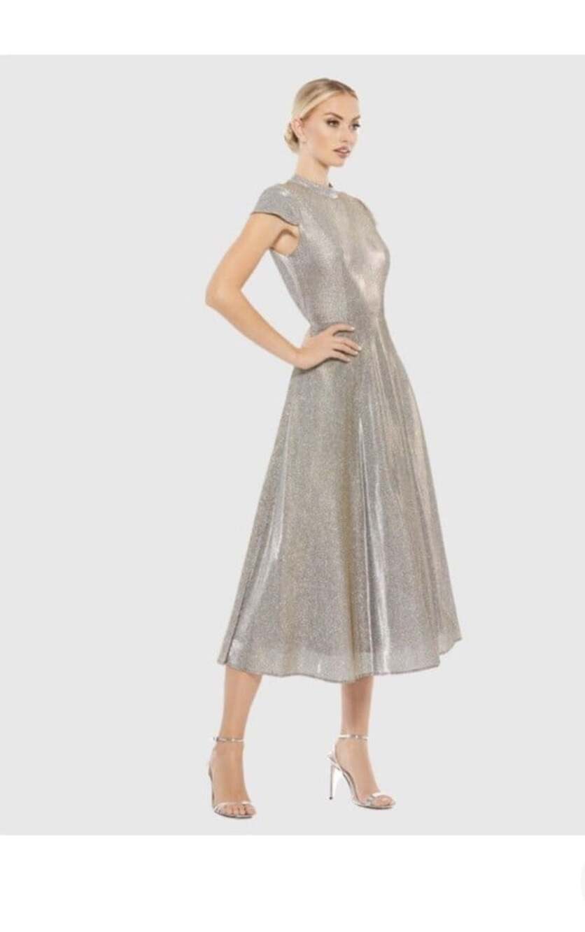 IEENA for Mac Duggal Metallic Cap Sleeve Midi Dress Cocktail Party Silver Size 8